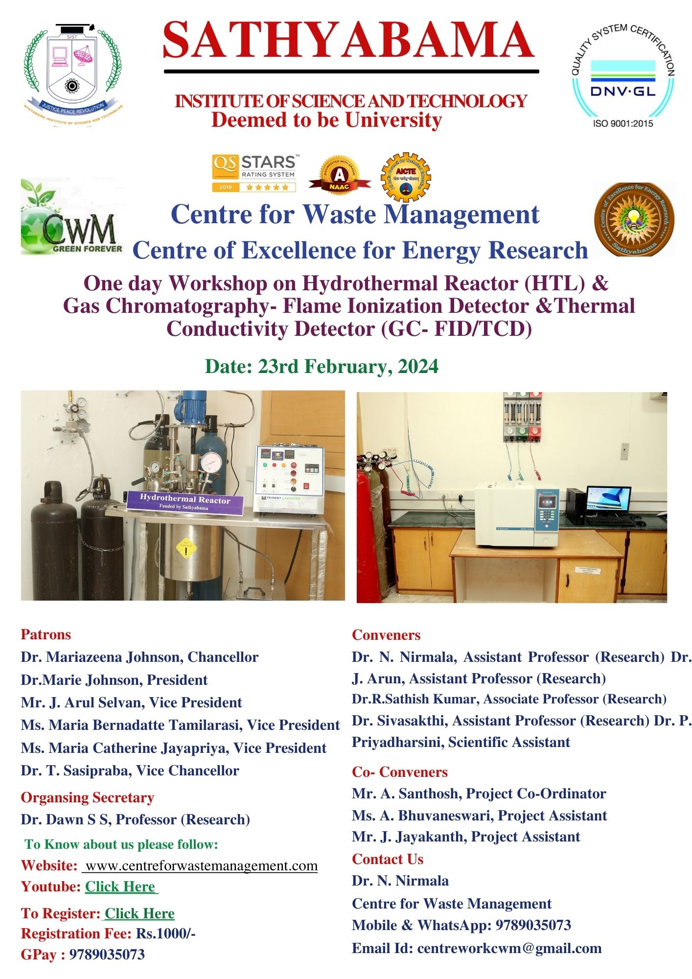 One day Workshop on Hydrothermal Reactor (HTL) and Gas Chromatography- Flame Ionization Detector and Thermal Conductivity Detector (GC- FID/TCD) 2024